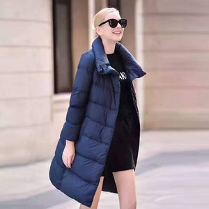 doudoune longue femme tendance 2018 fashion ultra légère chaude light down uniqlo moncler jott canada goose north face zara bleu navy grand col large chic classe